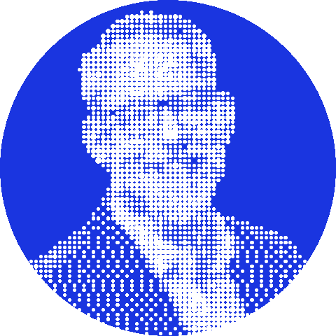 Retrato de la persona referente, en una trama de puntos, hacia donde convergen las corrientes: su conocimiento, convertido en algo que el equipo puede consultar.